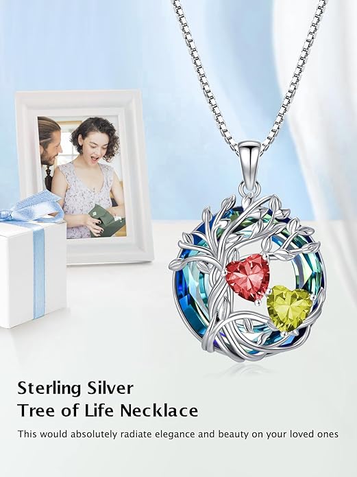 TOUPOP s925 Sterling Silver Family Celtic Tree of Life Pendant Necklaces with 2 Heart Birthstone with Blue Austrian Crystal Jewelry Birthday Anniversary Christmas Gifts for Her Wife Girlfriend Mom (18K Real White Gold Filled)