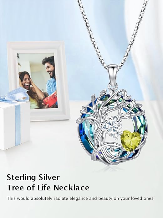 TOUPOP s925 Sterling Silver Family Celtic Tree of Life Pendant Necklaces with 2 Heart Birthstone with Blue Austrian Crystal Jewelry Birthday Anniversary Christmas Gifts for Her Wife Girlfriend Mom (18K Real White Gold Filled)