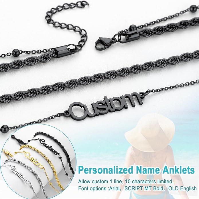 U7 Custom Layered Ankle Bracelets for Women Stainless Steel Bead/Cuban/Figaro/Rope/Wheat Chain Anklet Waterproof Anklet Jewelry for Beach Vacation