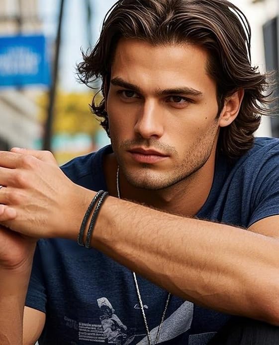 Italian Handmade Genuine Leather Bracelets for Men Stainless Steel Clip, Men's Casual Genuine Multi-layer Cuff Bracelet, Bracelet Gift for Real Men