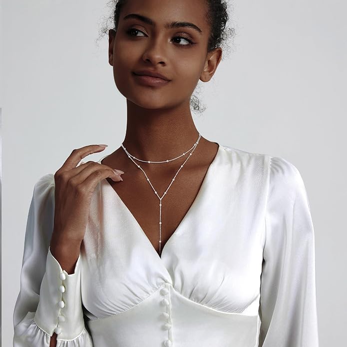 Lariat Silver/Gold Necklace for Women 925 Silver/14K Gold Plated Dainty Long Necklace Y-Shaped Drop Pendant Necklaces Choker Trendy Chain Simple Layered Necklaces CZ Jewelry for Women Set Gift