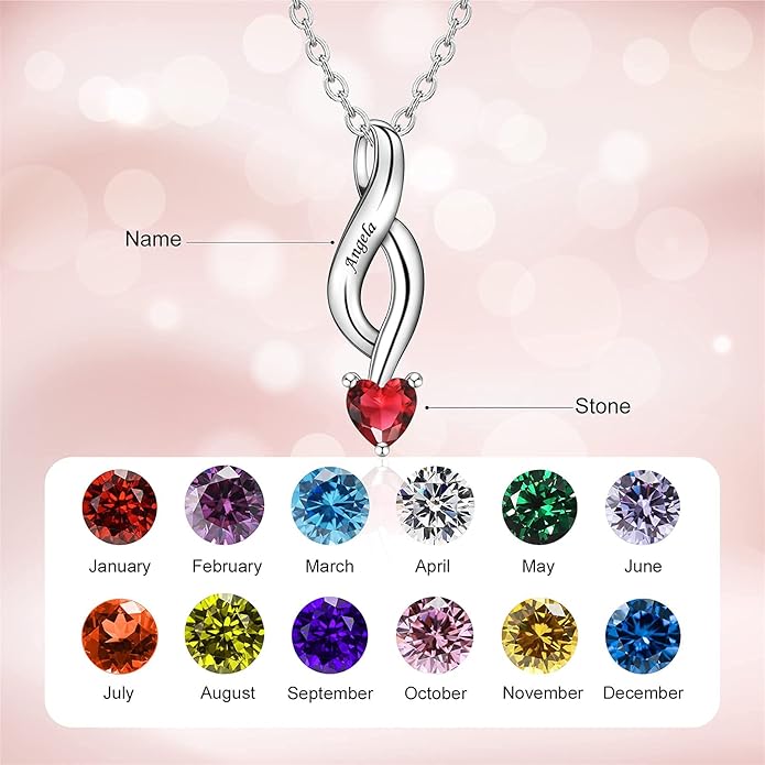 MissNaNa Sterling Silver Personalized Mothers Necklace with Simulated Birthstones Engraved 1-6 Children Names Custom Love Heart Pendant Family Necklace for Women Mother's Day Birthday