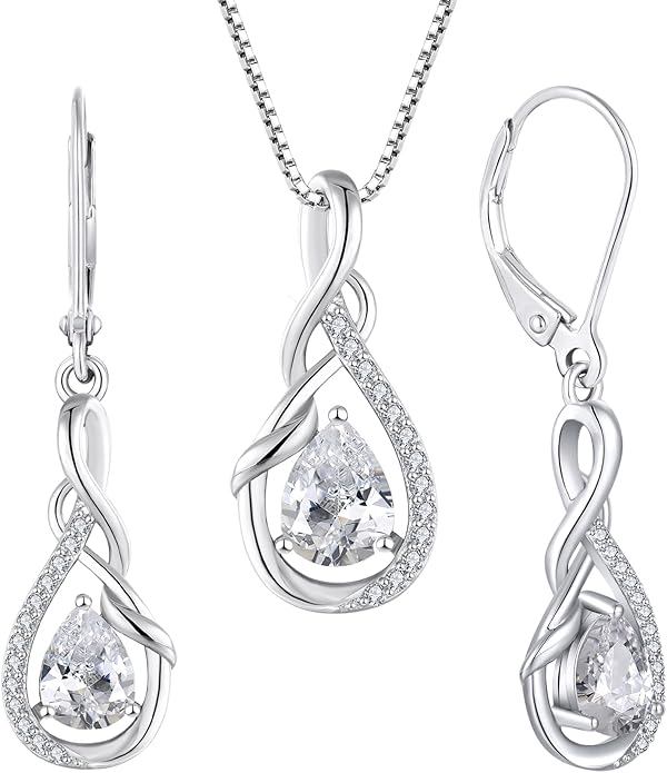 STARCHENIE 925 Sterling Silver Necklace Dangle Earrings for Women Infinity Twisted Teardrop Pendant April Birthstone Cubic Zirconia Jewelry Set