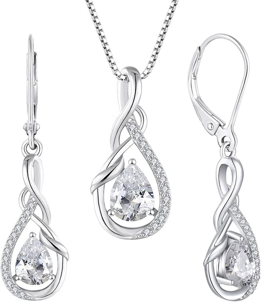 STARCHENIE 925 Sterling Silver Necklace Dangle Earrings for Women Infinity Twisted Teardrop Pendant April Birthstone Cubic Zirconia Jewelry Set