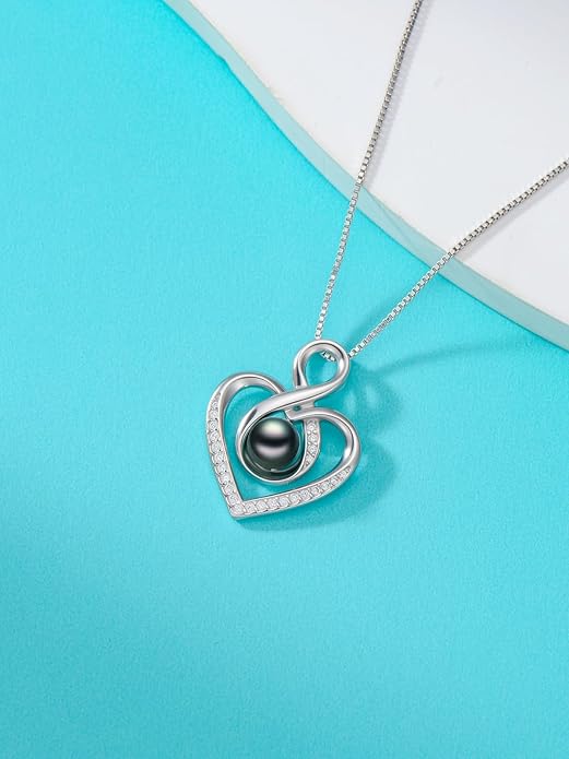 KANNSOAR Tahitian Black Pearl AAAA 18K White Gold Plated Sterling Silver Heart Pendant Necklace for Women Wife Mom Girlfriend Valentine Her Jewelry Gift for Anniversary Birthday Christmas