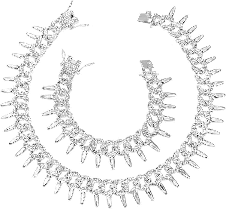 HH BLING EMPIRE Mens Gold Silver Plated Spike Cuban Link Chain Necklace and Bracelet Sets, Chunky Iced Out Diamond Miami Cuban Link Chains Hip Hop Jewelry