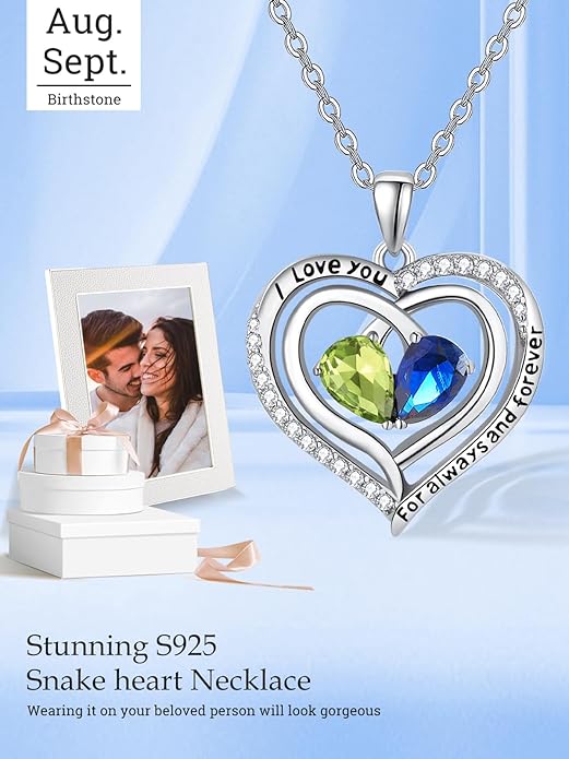 Zeuslia Double Birthstone Necklace Gifts for Wife - 925 Sterling Silver Sunflower/Rose/Crown Cross/Compass/Heart Pendant I Love You Necklace, Anniversary Birthday Gifts for Wife Girlfriend Mom Her