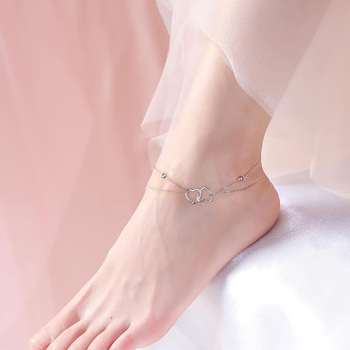 Anklet for Women S925 Sterling Silver Adjustable Foot Evil Eye Starfish Heart Bead Butterfly Celtic Knot Cross Multilayer Layered Ankle Bracelet Jewelry