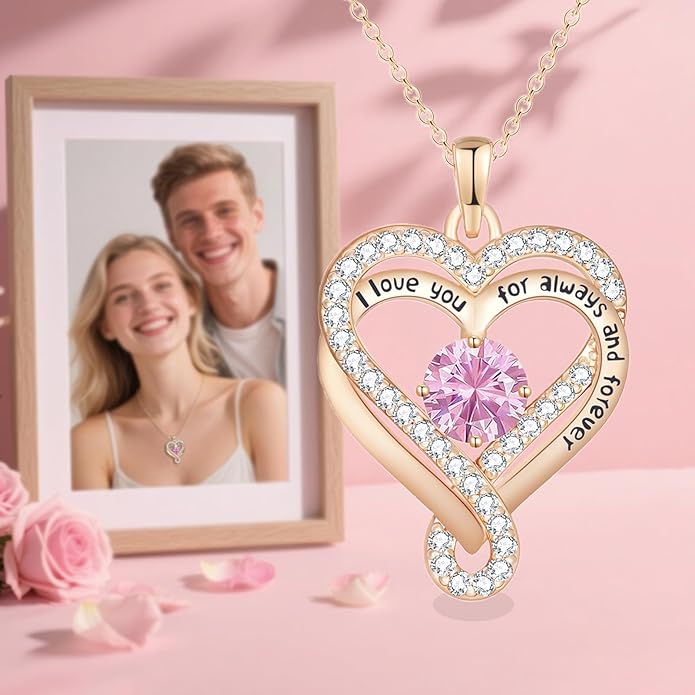 Birthstone Heart Necklaces for Women, Infinity Pendent S925 Sterling Silver Jewelry for Women, Wedding Anniversary, Birthday Mother’s Day Gifts for Mom, Mother, Wife, Girlfriend