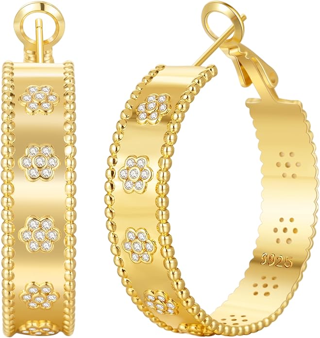 Senteria 8mm Wide 925 Sterling Silver Hoop Earrings for Women Hypoallergenic Chunky Silver Hoop Earrings with Flower Large Thick Hoops Earring Lightweight 14K Gold Plated Hoops for Women 25/30/40/50mm