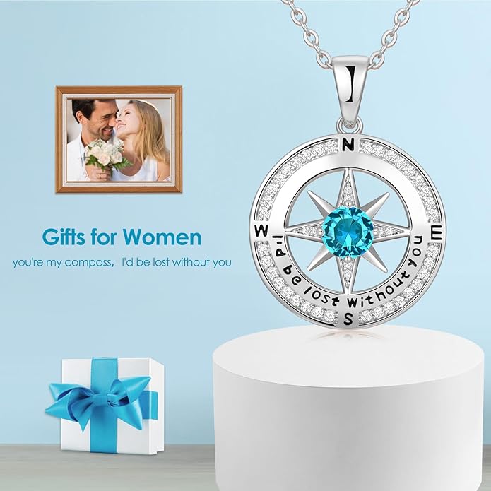 Zifeel Compass Necklace Gifts for Women wife - S925 Sterling Silver Birthstone Necklaces for Women - Anniversary Birthday Gifts for Her Wife Girlfriend - Valentines Mom Mothers Day Christmas Gifts Jewelry for Women