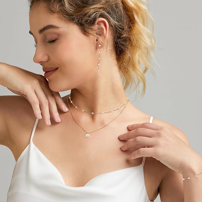 Zeffy Gold Pearl Necklace for Women, Dainty 14K Gold/Silve Plated Layered Pearl Choker Pearl Earrings Pearl Bracelets Wedding Trendy Gold Jewelry Set for Women Gifts