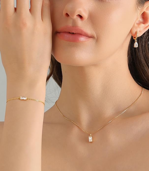 Birthstone 14K Gold Plated Bracelets Earrings Necklaces Jewelry Set， Blue Green May Cubic Zirconia，Friendship Bracelets Jewelry Gifts for Mom Best Friend Birthday