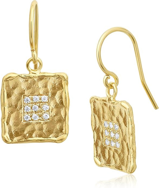 JEAN RACHEL JEWELRY 14K Gold Plated Sterling Silver Earrings for Women - Square with Cubic Zirconia Vintage Design - Hypoallergenic, Lead & Nickel Free - Artisan Handcrafted Statement Earrings