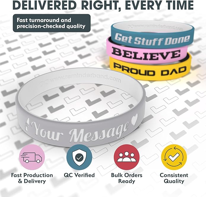 Reminderband Custom 100% Silicone Luxe Wristbands – Personalized Motivational Bracelets, Bulk Rubber Bands for Events, Fundraisers, Awareness, Gifts - Hypoallergenic Bands