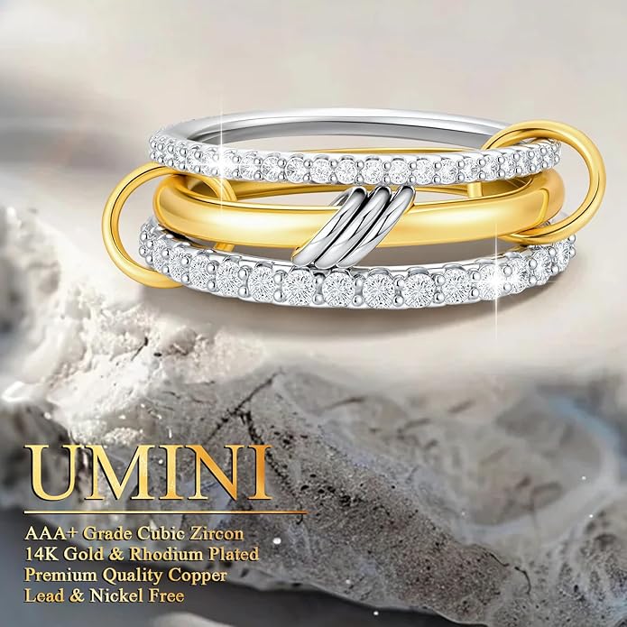 18K Gold plated Stackable Rings For Women Silver And Gold Stackable Ring Set Cubic Zircon Mixed Metal Rings For Engagement Wedding Birthday Valentine's Day Mother's Day Gift