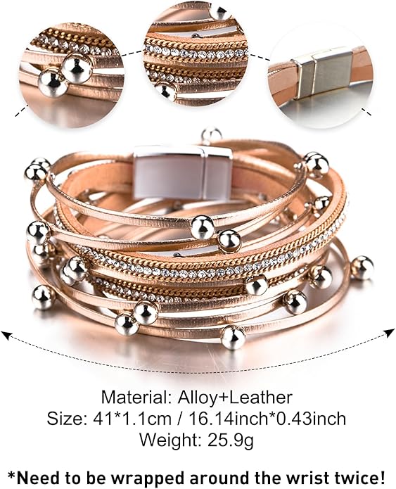 Fesciory Leather Wrap Bracelets for Women, Boho Leopard Multi-Layer Crystal Beads Cuff Bracelet Jewelry