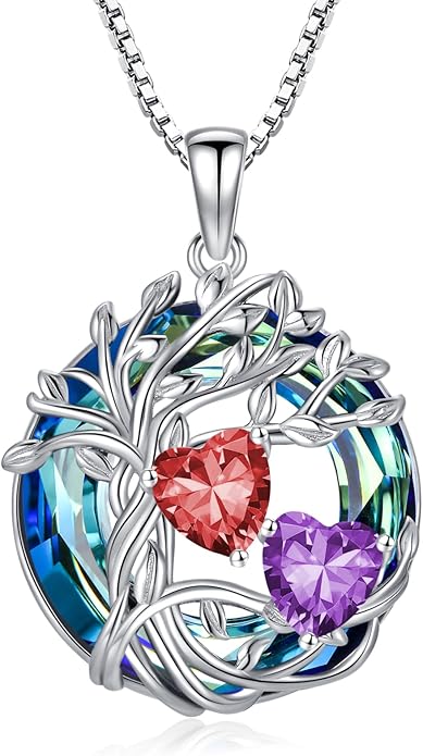 TOUPOP s925 Sterling Silver Family Celtic Tree of Life Pendant Necklaces with 2 Heart Birthstone with Blue Austrian Crystal Jewelry Birthday Anniversary Christmas Gifts for Her Wife Girlfriend Mom (18K Real White Gold Filled)