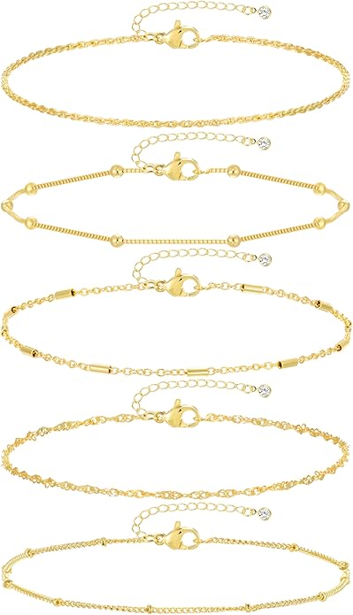 iF YOU Gold Ankle Bracelets for Women, 14k Gold Plated Waterproof Cuban Link Chain Anklets Set, Layered Anklet Bracelets for Women Beach Gift Adjustable Size 5pc