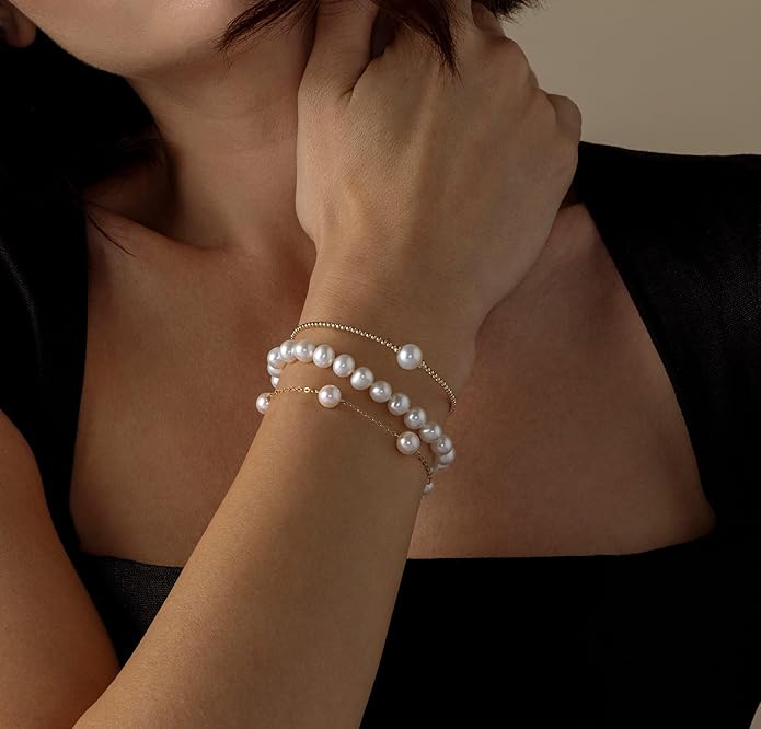 The Pearl Source White Freshwater Pearl Bracelet for Women - Cultured Pearl Bracelet in 14k Gold Plated Sterling Silver Clasp with Genuine 7-8mm Cultured Pearls