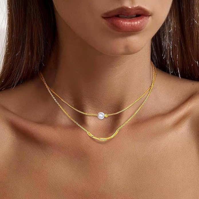 Copper Alloy 14K Gold Plated | 14K Platinum Plated Necklace for Women Double Layer Pendant Necklace Fashionable Multi-Layer Jewelry