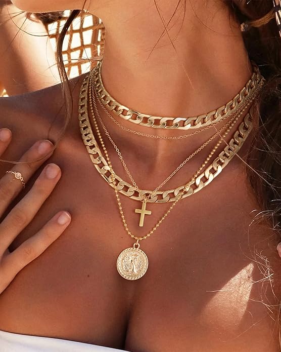 MJartoria Layered Necklaces for Women Trendy Retro Coin Pendant Necklace Dainty Chunky Chain Choker Necklaces for Jewelry Birthday Gifts