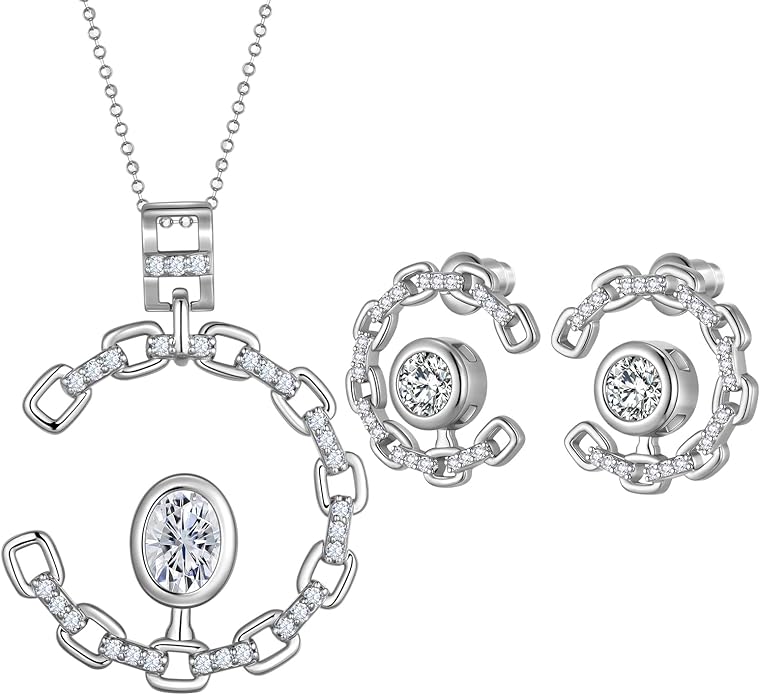 Ydou Elegant C-Shaped Crystal Necklaces/Stud Earrings Set with Birthstone Jewelry Set Silver Plated Fashion Jewelry for Women CS0003
