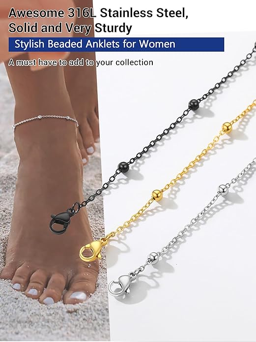 PROSTEEL Stainless Steel Chain Anklets for Women, Silver/Gold Tone, Ankle Bracelets Hypoallergenic, 8-10.5 Inch Adjustable, Come with Box