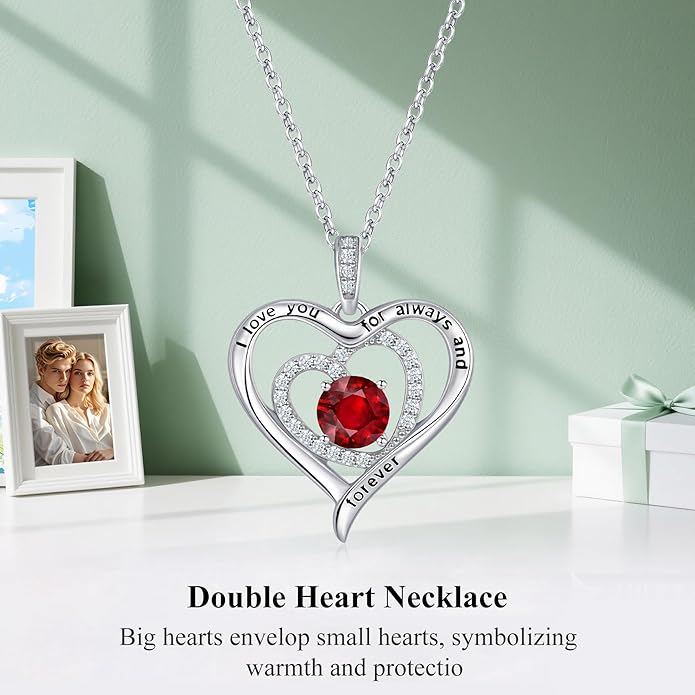 S925 Sterling Silver Necklace for Women, Christams Gift for Women, Love Heart Birthstone Necklaces for Women, Wife Jewelry, Mom Birthday Valentines Mothers Day Gifts, Girlfriend Necklaces, Daughter Heart Jewel, Anniversary for Her