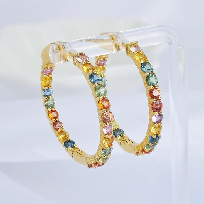 Hoop Earrings with 40 Colored Gemstones, Birthstone Earrings, 925 Sterling Silver Rhodium Plated, Push Back Closure, 1.18'