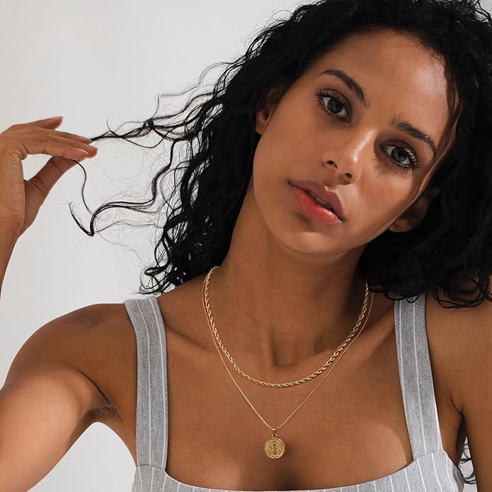 Gold/Silver Layered Necklaces for Women,Dainty 14k Gold Plated Stackable Choker Necklaces for Women,Trendy Layering Coin Chain Pendant Jewelry Set Gifts