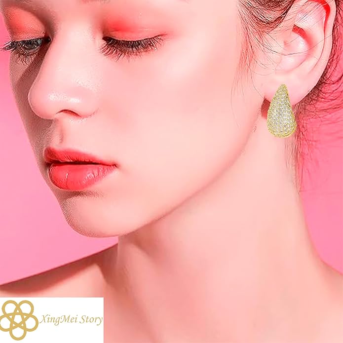 XingMei Story Gold Crystal Chunky Hoop Earrings - Sparkly Rhinestone Teardrop Design with 925 Sterling Silver Posts - Trendy Jewelry for Women, Perfect for Special Occasions (1pair)