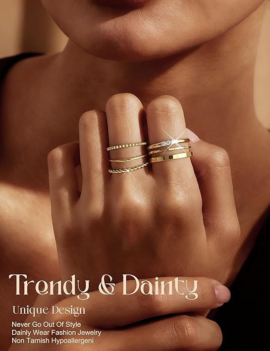 FIBO STEEL 14K Gold Plated Stackable Rings for Women Non Tarnish - Dainty Rings Cubic Zirconia Thin Ring Set Minimalist Thumb Stacking Ring Size 5-11