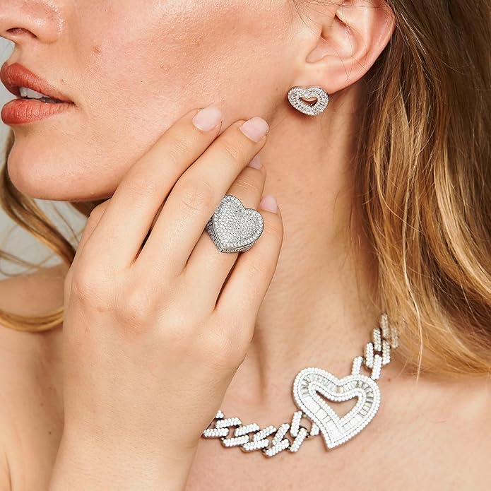 Iced Out Jewelry 5A Cz Stones Shiny Baguette Heart Engagement Gold Luxury Diamond Ring, Hip Hop Bling Bling 18K Gold Plated Party Pinky Ring Men Women