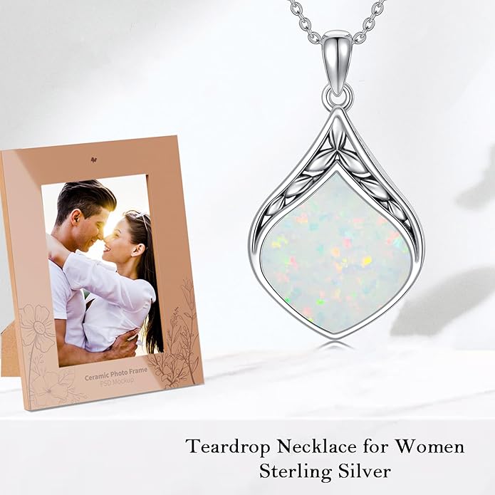 Teardrop Necklace 925 Sterling Silver Vintage Natural Gemstone Pendant Jewelry Birthday Christmas Gifts for Women Mom