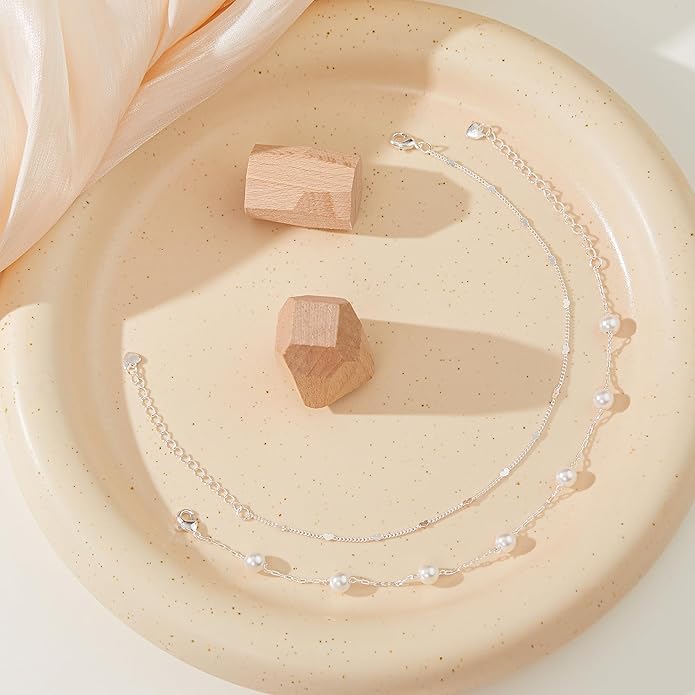 Sterling Silver Anklet Bracelets for Women Waterproof, 925 Sliver Plated CZ & Heart Charm Dainty Layer Anklets for Women Trendy, Simple Chain Anklets Set Gifts for Women, Jewelry Gifts for Her Women Mom Wife Girlfriend