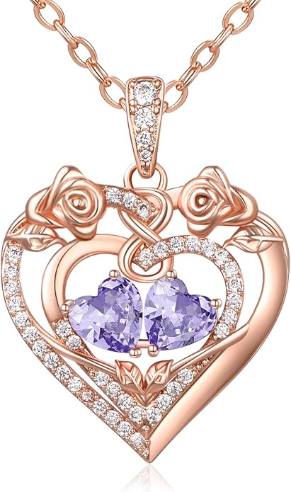 JIYVY32 Rose Heart Necklace for Women Exquisite 925 Sterling Silver Anniversary Birthday Gifts for Wife Mom Her Double Birthstone Pendant Jewelry