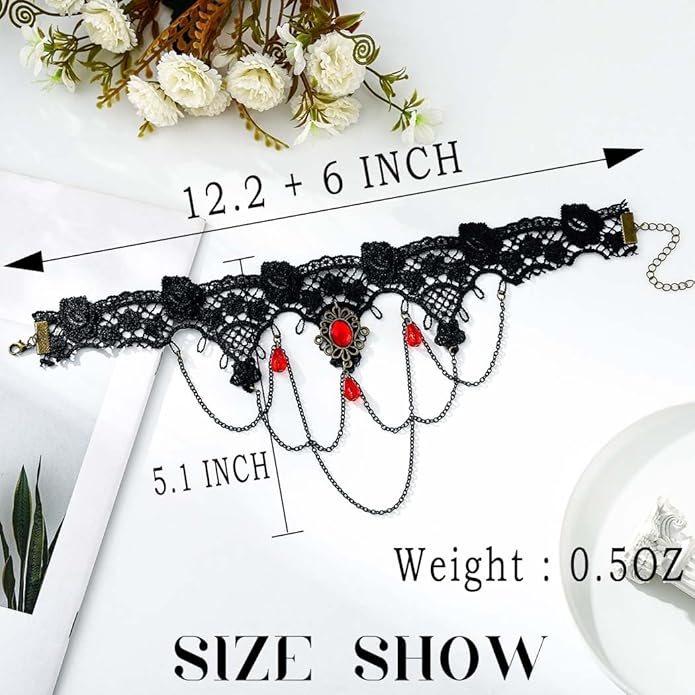 Gothic Black Choker Necklace Lace Collar Necklace Red Crystal Necklace Halloween Necklaces for Women
