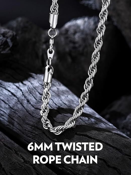 Bandmax Solid 1.5mm/2mm/3mm/6mm Rope Chains for Men Women 14K Gold Plated/Black Plated Stainless Steel Twist Chain 16-30 Inches, with Gift Box