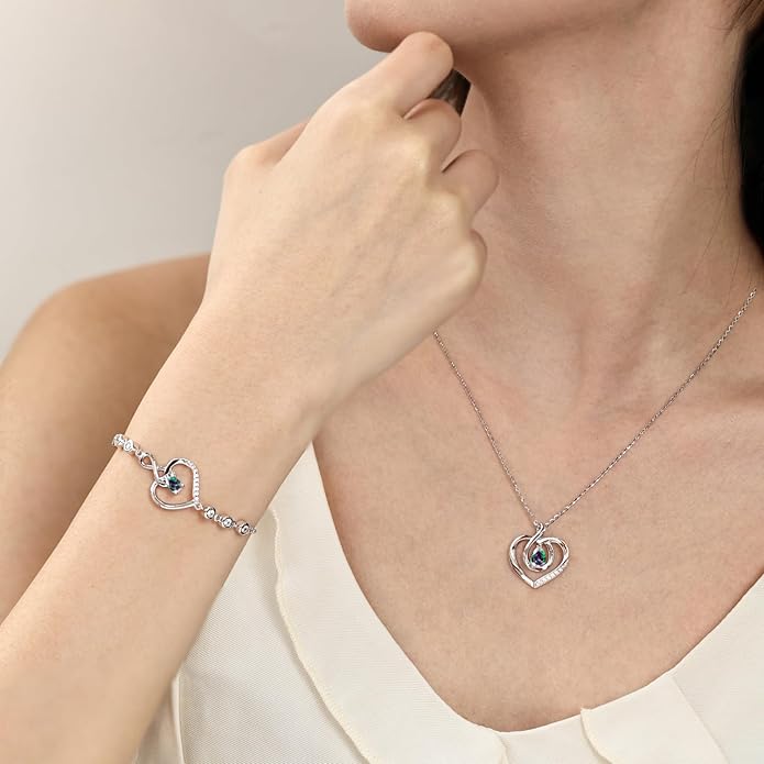 AGVANA Christmas Gifts Heart Birthstone Necklace for Women Sterling Silver Genuine or Created Gemstone Forever Love Pendant Necklace Fine Jewelry Anniversary Birthday Gifts for Women Mom Wife