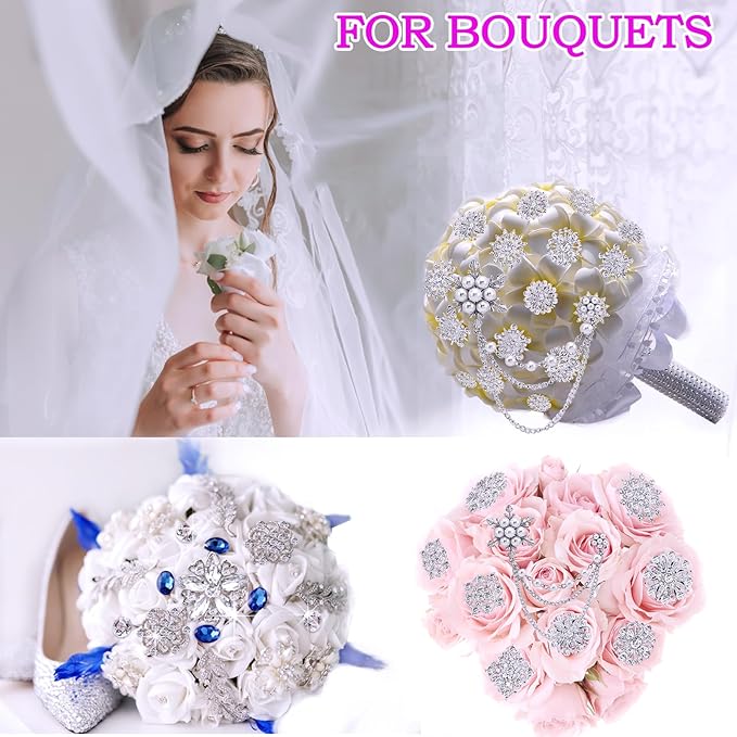 Yhsheen Silver Rhinestone Brooches Pin Kits Crystal Pearl Brooches for Bouquets for Wedding Decoration Accessories Jewelry Making Crafts(Sliver-14PCS)-A