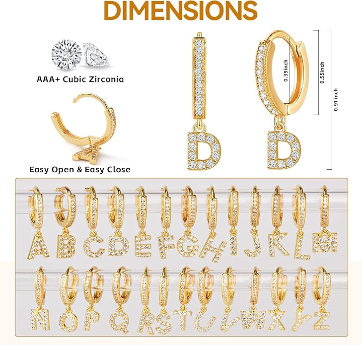 18K Gold Filled Initial Dangle Hoop Earrings for Women, 1 Pair CZ Hypoallergenic Alphabet Letter A-Z Drop Dangle Dainty Gold Earrings, Small Huggie Hoop Earrings with Cubic Zirconia Gifts Jewelry