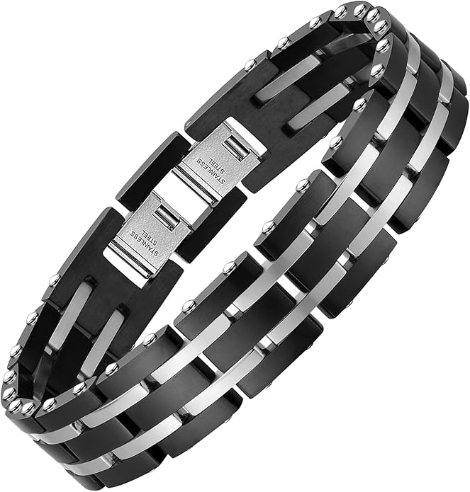 Holizaly Men's Stainless Steel Two Tone Square Link Bracelet, Black and Blue Ion Plated Black