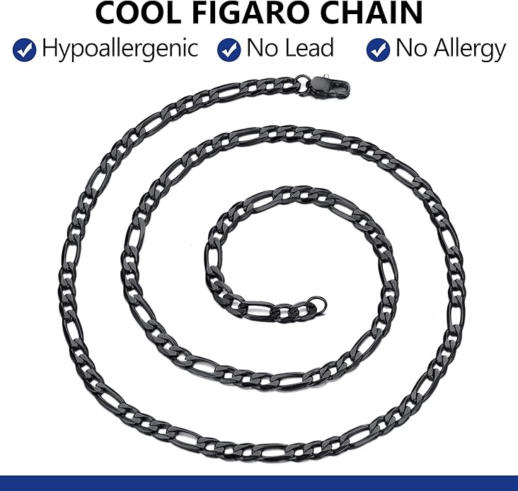 PROSTEEL 316L Stainless Steel Figaro Cuban Chain Necklace for Men, Black/18K Real Gold Plated, 4/5/6/7.5/9/10/13mm, 14inch-30inch, Come with Box
