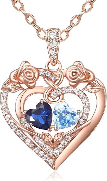 JIYVY32 Rose Heart Necklace for Women Exquisite 925 Sterling Silver Anniversary Birthday Gifts for Wife Mom Her Double Birthstone Pendant Jewelry