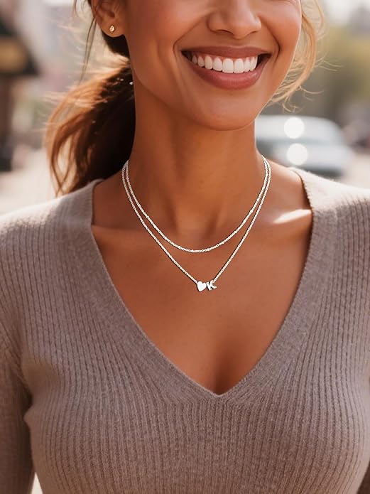 FOCALOOK Layered Initial Necklace for Women, 14K Gold Plated Choker Necklaces Stacks with Initial A-Z, Dainty Silver Heart Pendant Necklace Personalized Birthday Women Jewelry