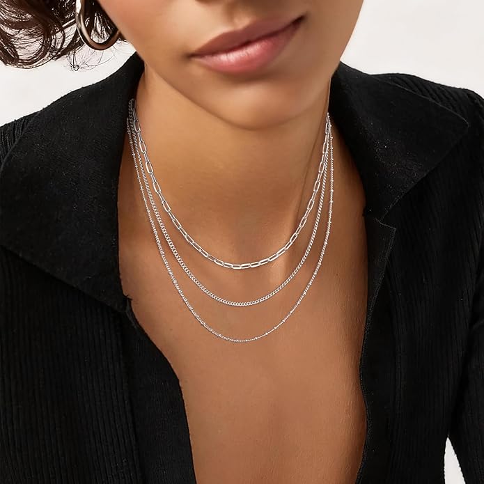 Layered Gold Necklace for Women Dainty 14K Gold/Silver Plated Stacked Necklace for Women Trendy Cuban Paperclip Herringbone Chain Diamond Pendant Necklaces Jewelry Set Accessories Gift