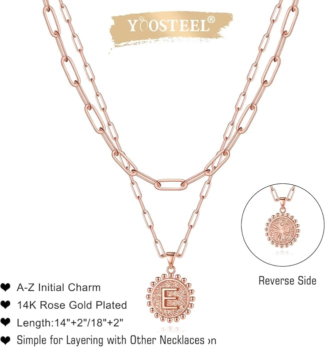 Yoosteel Gold Initial Necklaces for Women, 14K Gold Plated Dainty Layering Paperclip Link Chain Necklace Coin Initial Layered Necklaces for Women Personalized Birthday Gifts