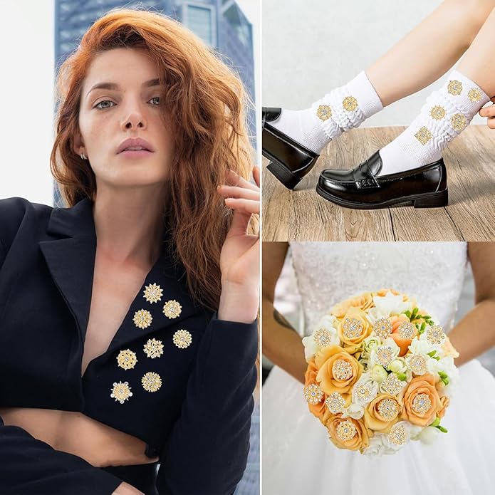 Assorted Small Size Crystal Rhinestone Flower Brooch Pins Set for Crafts Embellishment, Wedding Bouquet Brooches for Women Fashion