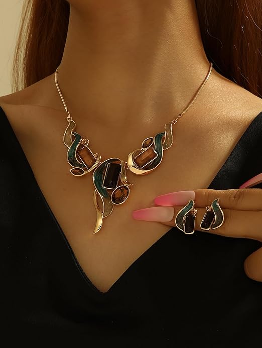 Chunky Statement Jewelry Set Vintage Retro Leaf Flower Floral Geometric Bohemian Boho Bib Necklace Earring Set Fashion Costume Jewelry for Women Girls Wedding Party Prom Unique Gift